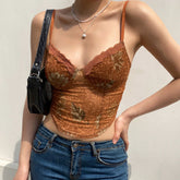 Vintage Spitzen-Tanktop mit herzförmigem Ausschnitt und Blumenmuster, transparentem Netzstoff, kurz, Braun